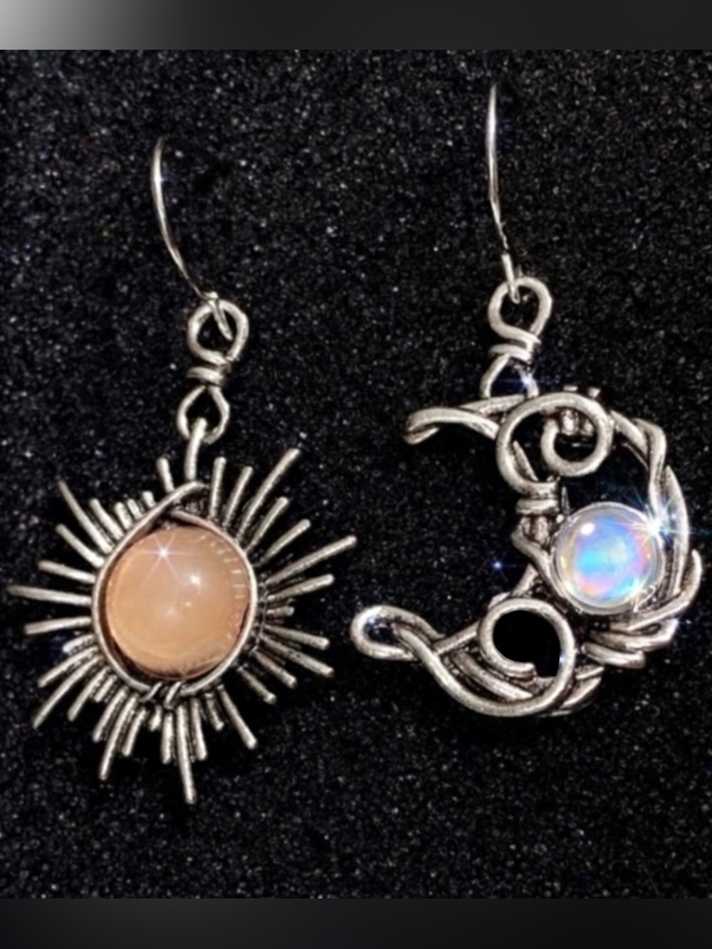 Bohemian Astrology Sun Moon Silver Wire Wrapped Celestial Stone Mismatch Dangles - Picture 5 of 8